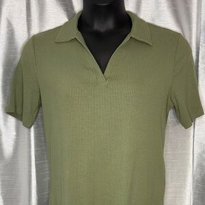 Ophelia Roe V Neck Top Collar Short Sleeve Ribbed Olive Green Stretch Women’s XL